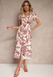 Czerwona Sukienka o Rozkloszowanym Kroju z Dekoltem w Serek w Roślinny Print Evilessa. Czerwone sukienki damskie Renee, bez wzorów, eleganckie, bez ramiączek. W wyprzedaży za 119.99 zł.