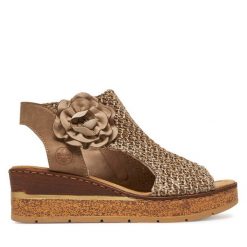 Sandały Rieker. Brązowe sandały damskie Rieker, bez wzorów, bez obcasa, na koturnie, bez zapięcia. Za 359.99 zł.