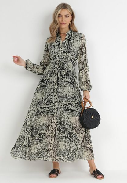 Beżowo-Czarna Sukienka Rozkloszowana z Wiązanym Paskiem Gylten. Brązowe sukienki damskie Born2be, bez wzorów, z materiału, bez ramiączek. Za 139.99 zł.