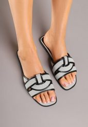 Czarno-Białe Klapki z Ozdobnymi Paskami Silferia. Czarne klapki damskie Renee, bez wzorów, z jeansu, bez obcasa, na obcasie, bez zapięcia. Za 49.99 zł.