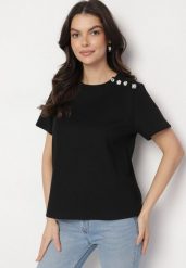 Czarny T-shirt z Bawełną i Ozdobnymi Guzikami Edivona. Czarne t-shirty damskie Born2be, m, bez wzorów, z bawełny, bez kołnierzyka. Za 84.99 zł.