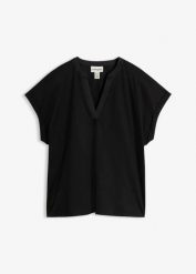 Bluzka z gładkiej mieszanki bawełny i jedwabiu. Czarne bluzki damskie bonprix, bez wzorów, z bawełny, eleganckie, bez kołnierzyka, bez ramiączek. Za 147.99 zł.