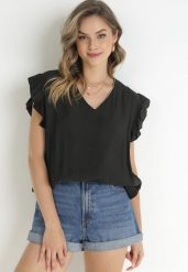 Czarna Bluzka z Falbankami i Złotą Nitką Gracelly. Czarne bluzki damskie Born2be, xl, bez wzorów, bez kołnierzyka, bez ramiączek. Za 39.99 zł.