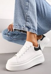 Biało-Czarne Sznurowane Sneakersy na Niskiej Platformie z Imitacji Skóry Ajanfa. Czarne obuwie sportowe damskie Renee, ze skóry, bez zapięcia. Za 69.99 zł.
