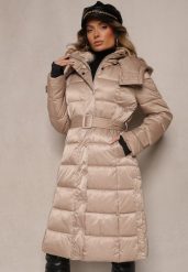 Beżowa Pikowana Kurtka ZImowa z Eleganckim Paskiem Sadelara. Brązowe kurtki damskie Renee, na zimę, l, bez wzorów, bez kaptura. Za 259.99 zł.