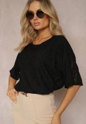 Czarna Koronkowa Bluzka z Krótkim Rękawkiem Ulalia. Czarne bluzki damskie Renee, m, bez wzorów, z koronki, eleganckie, bez kołnierzyka, bez ramiączek. Za 39.99 zł.