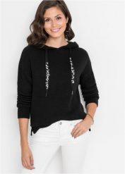 Sweter z kapturem. Brązowe swetry klasyczne damskie bonprix, bez kołnierzyka. Za 117.99 zł.