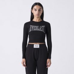 Ikoniczna Koszulka Ze Zwiekami Dlugimi Rekawami Czarny Bawelna, Elastan. Czarne bluzki damskie EVERLAST, bez wzorów, z bawełny, bez kołnierzyka, bez ramiączek. Za 164.65 zł.