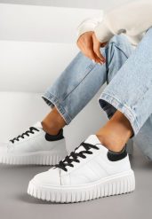 Biało-Czarne Sneakersy na Platformie Ozdobionej Tłoczonej Zdivona. Białe obuwie sportowe damskie Renee, bez zapięcia. Za 79.99 zł.