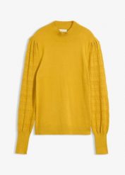 Cienki sweter z ażurem. Żółte swetry klasyczne damskie bonprix, bez kołnierzyka. Za 124.99 zł.