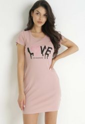 Różowa Bawełniana Sukienka T-shirtowa z Napisem Avera. Czerwone sukienki damskie Born2be, bez wzorów, z bawełny, bez ramiączek. Za 89.99 zł.