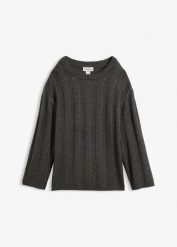 Sweter oversize z prążkowanej tkaniny. Szare swetry klasyczne damskie bonprix, prążkowane, bez kołnierzyka. Za 109.99 zł.