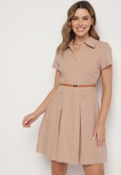 Ciemnobeżowa Bawełniana Sukienka Koszulowa z Paseczkiem Wenilise. Brązowe sukienki damskie Born2be, bez wzorów, z bawełny, eleganckie, bez ramiączek. Za 129.99 zł.