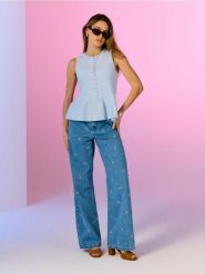 Jeansy wide leg z haftem - niebieski. Niebieskie jeansy damskie Sinsay. Za 79.99 zł.