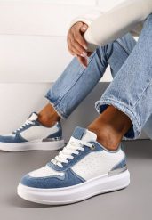 Biało-Niebieskie Sznurowane Sneakersy z Ozdobnymi Wstawkami z Cyrkoniami i Grubą Podeszwą Maellie. Białe obuwie sportowe damskie Renee, z materiału, bez zapięcia. Za 74.99 zł.