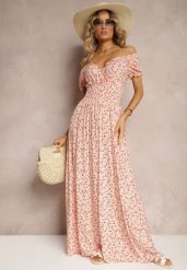 Różowa Wiskozowa Sukienka w Kwiaty z Trójkątnym Dekoltem i Gumką w Talii Lasteri. Czerwone sukienki damskie Renee, bez wzorów, z wiskozy, eleganckie, bez ramiączek. W wyprzedaży za 59.49 zł.
