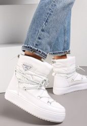 Białe Śniegowce Wsuwane z Ozdobnym Wiązaniem Amodita. Białe śniegowce damskie Born2be, z jeansu. Za 59.99 zł.