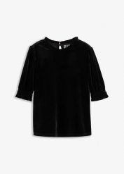 Bluzka z miękkiego aksamitu. Czarne bluzki damskie bonprix, bez wzorów, eleganckie, bez kołnierzyka, bez ramiączek. Za 84.99 zł.