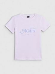 4F T-shirt slim z nadrukiem damski - biały L. Białe t-shirty damskie 4F, l, bez wzorów, z dzianiny, bez kołnierzyka. Za 59.99 zł.