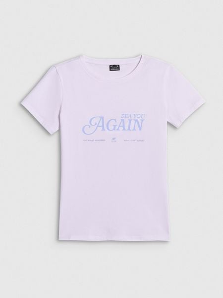 4F T-shirt slim z nadrukiem damski - biały L. Białe t-shirty damskie 4F, l, bez wzorów, z dzianiny, bez kołnierzyka. Za 59.99 zł.