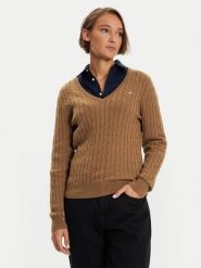 Gant Sweter 4800101 Brązowy Slim Fit. Brązowe swetry klasyczne damskie Gant, xs, z bawełny, bez kołnierzyka. Za 299.99 zł.