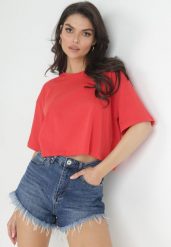 Czerwony Krótki T-shirt z Gładkiej Dzianiny Alinthea. Czerwone t-shirty damskie Born2be, xl, bez wzorów, z dzianiny, bez kołnierzyka. Za 29.99 zł.