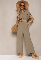 Ciemnozielony Kombinezon w Stylu Utility z Koszulową Górą i Plecionym Paskiem Dexara. Zielone sukienki damskie Renee, bez wzorów, eleganckie, bez ramiączek. W wyprzedaży za 151.99 zł.