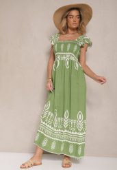 Zielona Wiskozowa Sukienka Rozkloszowana w Ornamentalny Wzór Lisaretia. Zielone sukienki damskie Renee, z aplikacjami, z wiskozy, eleganckie, bez ramiączek. W wyprzedaży za 50.99 zł.