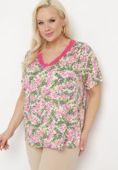 Różowo-Zielona Wiskozowa Bluzka z Krótkim Rękawem i Dekoltem Typu V-Neck Natloza. Czerwone bluzki damskie Born2be, l, bez wzorów, z wiskozy, bez kołnierzyka, bez ramiączek. Za 54.99 zł.