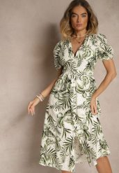 Zielona Sukienka o Rozkloszowanym Kroju z Dekoltem w Serek w Roślinny Print Evilessa. Zielone sukienki damskie Renee, bez wzorów, eleganckie, bez ramiączek. W wyprzedaży za 119.99 zł.