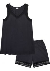 Piżama z krótkimi spodniami z delikatną koronkową wstawką. Czarne piżamy damskie bonprix, bez wzorów, z koronki, bez ramiączek. Za 69.99 zł.