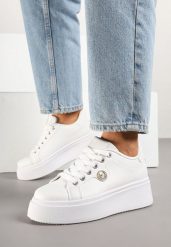 Białe Sneakersy na Platformie z Metaliczną Ozdobą Zaccaria. Białe obuwie sportowe damskie Born2be, bez zapięcia. Za 79.99 zł.