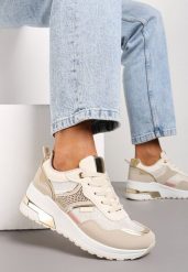 Beżowe Sneakersy z Brokatem Cyrkoniami i Metalicznymi Wstawkami Zephramis. Brązowe obuwie sportowe damskie Renee, z dresówki, bez zapięcia. Za 89.99 zł.