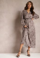 Beżowo-Brązowa Sukienka Rozkloszowana z Gumką w Pasie Philida. Brązowe sukienki damskie Renee, bez wzorów, eleganckie, bez ramiączek. W wyprzedaży za 39.99 zł.