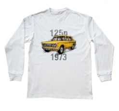 Fiat 125p — bluzka z długim rękawem (Rozmiar: 9 - 11 lat; Kolor koszulki: biały; Rodzaj nadruku: Fiat 125p). Białe bluzki damskie nikiniki, m, bez wzorów, z bawełny, biznesowe, bez kołnierzyka, bez ramiączek. Za 79.00 zł.