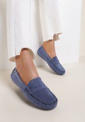 Niebieskie Mokasyny Lithiche. Niebieskie mokasyny damskie Renee, ze skóry, bez obcasa. Za 99.99 zł.