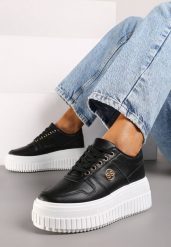 Czarne Sneakersy na Platformie z Metaliczną Wstawką z Boku Mevit. Czarne obuwie sportowe damskie Born2be, bez zapięcia. Za 109.99 zł.