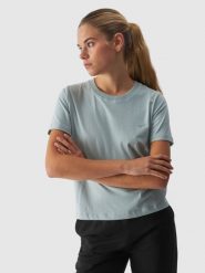 4F T-shirt regular gładki damski - turkusowy L. Niebieskie t-shirty damskie 4F, l, bez wzorów, z bawełny, bez kołnierzyka. W wyprzedaży za 29.99 zł.