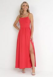 Czerwona Sukienka Maxi na Ramiączkach z Rozcięciem na Dole i Kwadratowym Dekoltem Jacklyn. Czerwone sukienki damskie Born2be, bez wzorów, bez ramiączek. Za 209.99 zł.