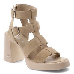 Sandały damskie Karino, cholewka ze skóry naturalnej welurowej wielopaskowa konstrukcja na stabilnym obcasie, beżowe, 5819/022-P. Brązowe kozaki damskie Karino, ze skóry, bez obcasa, bez zapięcia. Za 549.00 zł.