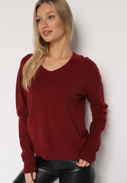 Bordowy Sweter z Wiskozą i Wełną z Dekoltem w Serek Claida. Czerwone swetry klasyczne damskie Born2be, z jeansu, bez kołnierzyka. Za 99.99 zł.
