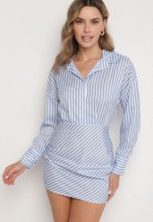 Jasnoniebieska Koszulowa Sukienka w Paski o Dopasowanym Kroju Meveira. Niebieskie sukienki damskie Born2be, z aplikacjami, klasyczne, bez ramiączek. Za 59.99 zł.