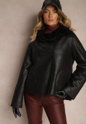 Czarna Pudełkowa Kurtka Biker z Szerokim Kołnierzem i Futrzaną Wyściółką Lioiala. Czarne kurtki damskie Renee, l, bez wzorów, z futra, bez kaptura. Za 279.99 zł.