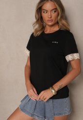 Czarny Bawełniany T-shirt z Koronkowymi Zdobieniami i Cekinami Drane. Czarne t-shirty damskie Renee, l, z aplikacjami, z bawełny, bez kołnierzyka. Za 44.99 zł.