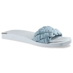 Klapki damskie Chebello, naturalna skóra licowa z szerokim plecionym paskiem wsuwaną konstrukcją oraz płaską podeszwą, niebieskie, 2609-366-PSK. Niebieskie klapki damskie CheBello, bez wzorów, ze skóry, bez obcasa, na płaskiej podeszwie, bez zapięcia. Za 199.00 zł.