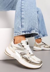 Biało-Złote Sneakersy ze Wstawkami z Ekoskóry na Grubej Podeszwie Elperna. Żółte obuwie sportowe damskie Renee, bez zapięcia. Za 109.99 zł.