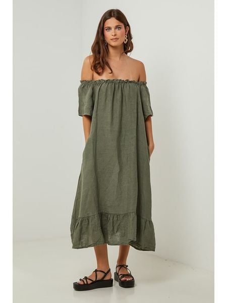 Lin Passion Lniana sukienka w kolorze zielonym rozmiar: 38/40. Zielone sukienki damskie Lin Passion, bez wzorów, ze lnu, klasyczne, bez ramiączek. Za 175.26 zł.