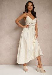 Beżowa Sukienka Boho z Wiskozą i Lnem o Rozkloszowanym Kroju z Haftem Annilsa. Brązowe sukienki damskie Renee, bez wzorów, z wiskozy, boho, bez ramiączek. W wyprzedaży za 127.99 zł.