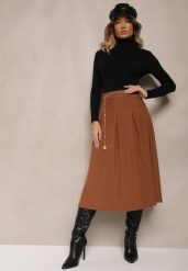 Brązowa Spódnica z Wiskozą o Rozkloszowanym Kroju z Paskiem Łańcuszkiem Lilethra. Brązowe spódnice damskie Renee, na imprezę, l, bez wzorów, z materiału, eleganckie, midi. Za 109.99 zł.
