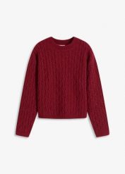 Sweter ze wzorem warkoczowym. Fioletowe swetry klasyczne damskie bonprix, bez kołnierzyka. Za 149.99 zł.